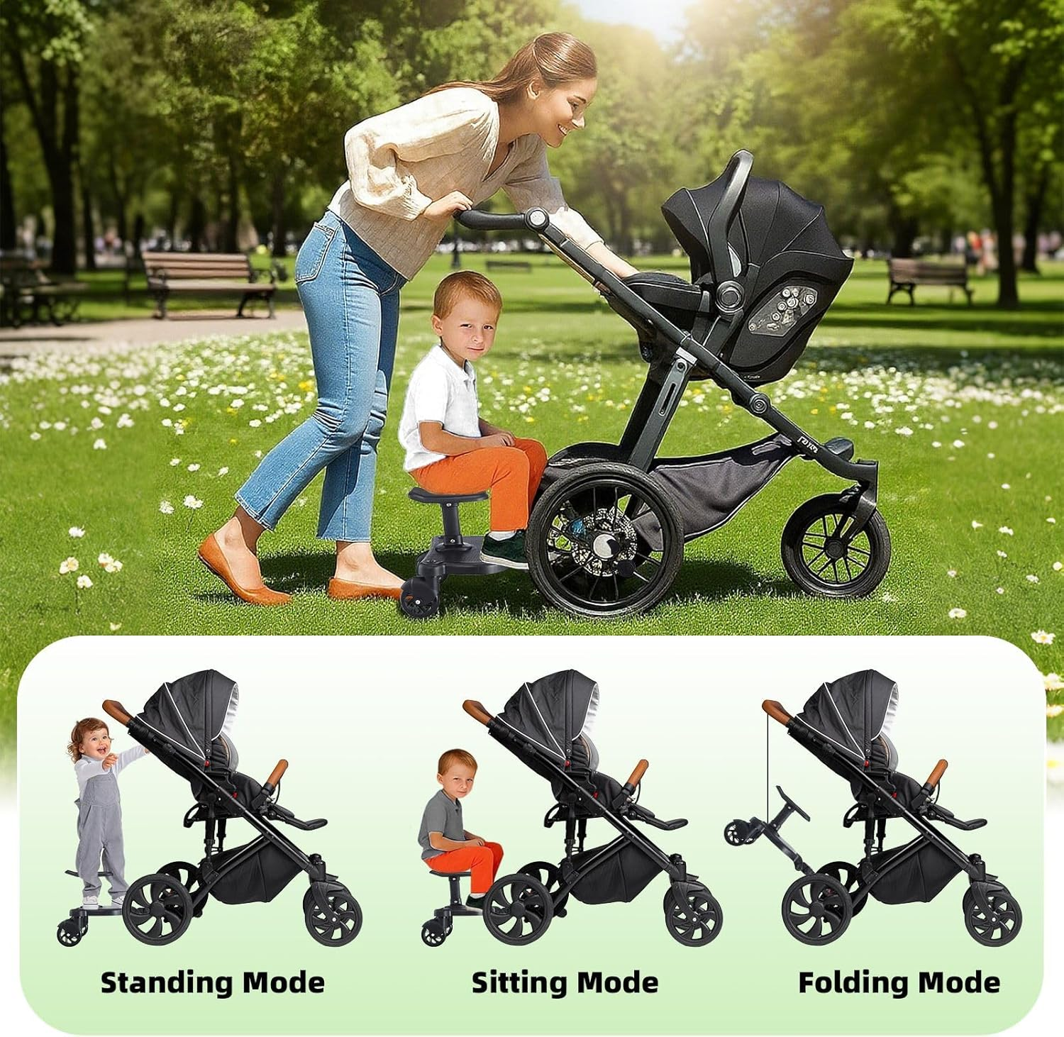 OGL Universal Stroller Board with Seat Attachment &ndash; Stand or Sit Ride-On Stroller Step Board for Toddlers, Adjustable Connector for Most Strollers, Shock-Absorbing Wheels, Holds up to 25Kg image number 3