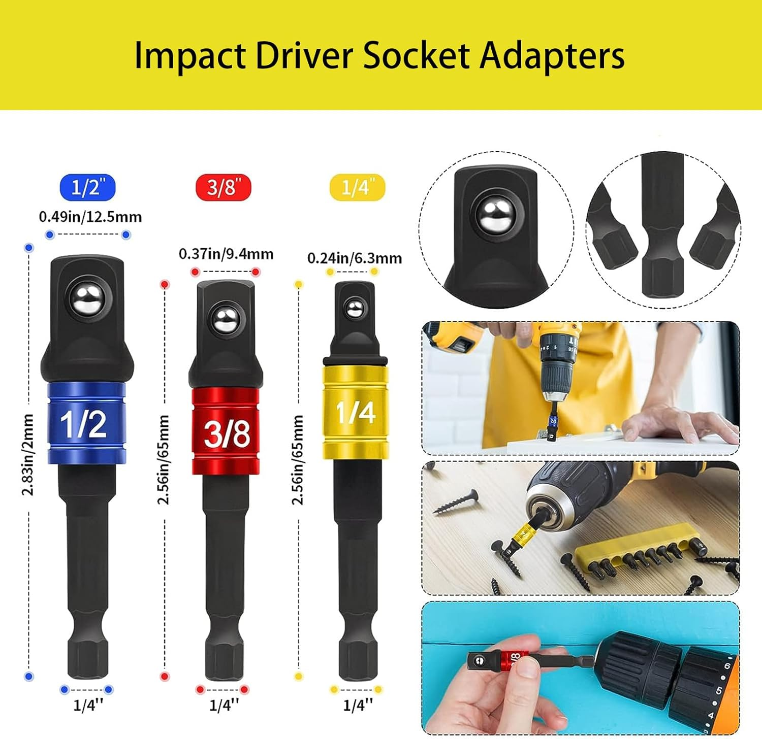 Pacify Flexible Drill Bit Extension Set, Bendable Drill Bit Extension, 105&deg; Right Angle Drill Attachment, Hex Shank Drill Bit Holder, 1/4" 3/8" 1/2" Hex Socket Adapter Set image number 2