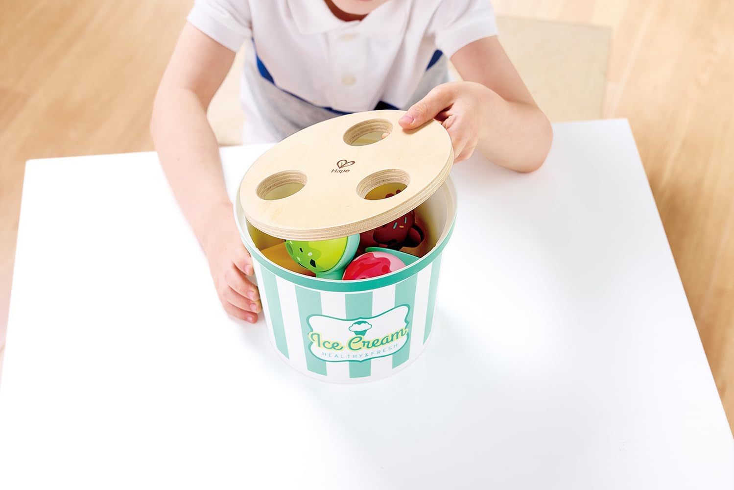 Hape Scoop & Serve Ice Cream Set &ndash; Interactive Wooden Toy for Pretend Play &ndash; Realistic Ice Cream Playset with Rotating Display & Endless Topping Combinations for Kids image number 4