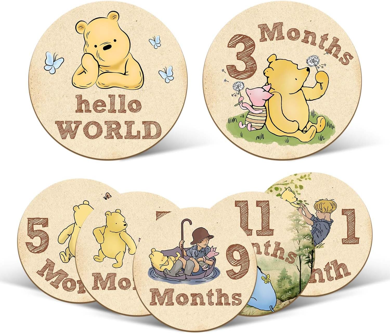 7 Pcs Winnie Baby Monthly Milestone Markers, Winnie Double Sided Winnie Baby Months Wooden Signs with Storage Bag, Winnie Baby Shower Gifts, Winnie Baby Monthly Announcement Wooden Discs, Winnie Gifts image number 4