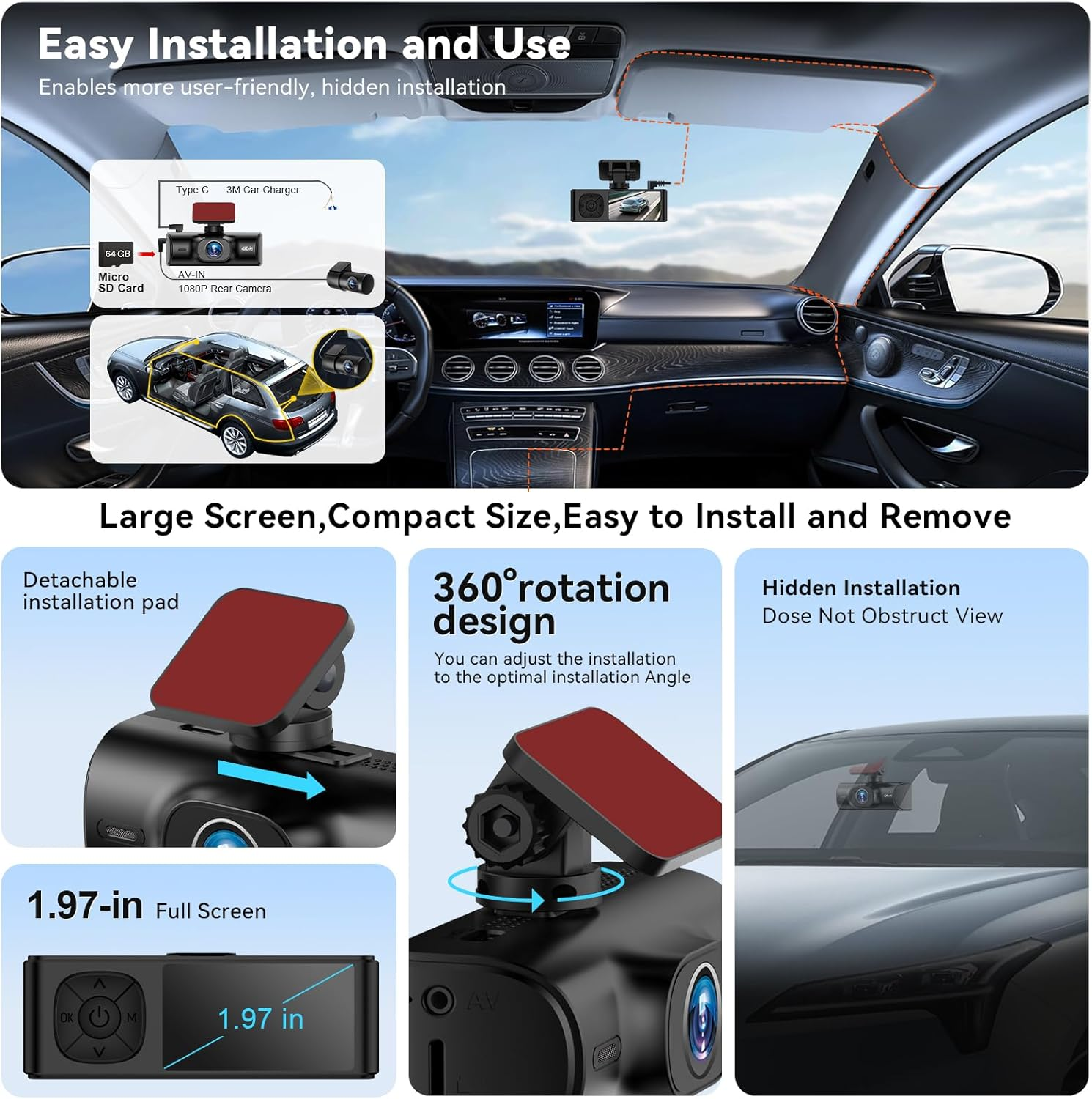 4K Dual Dash Cam Front and Rear, 4K+1080P Dashcam with 64GB Card,Car Dash Camera Built-In Wifi, GPS, 24 Hours Parking Monitor,G-Sensor, Super Night Vision, Loop Recording image number 2