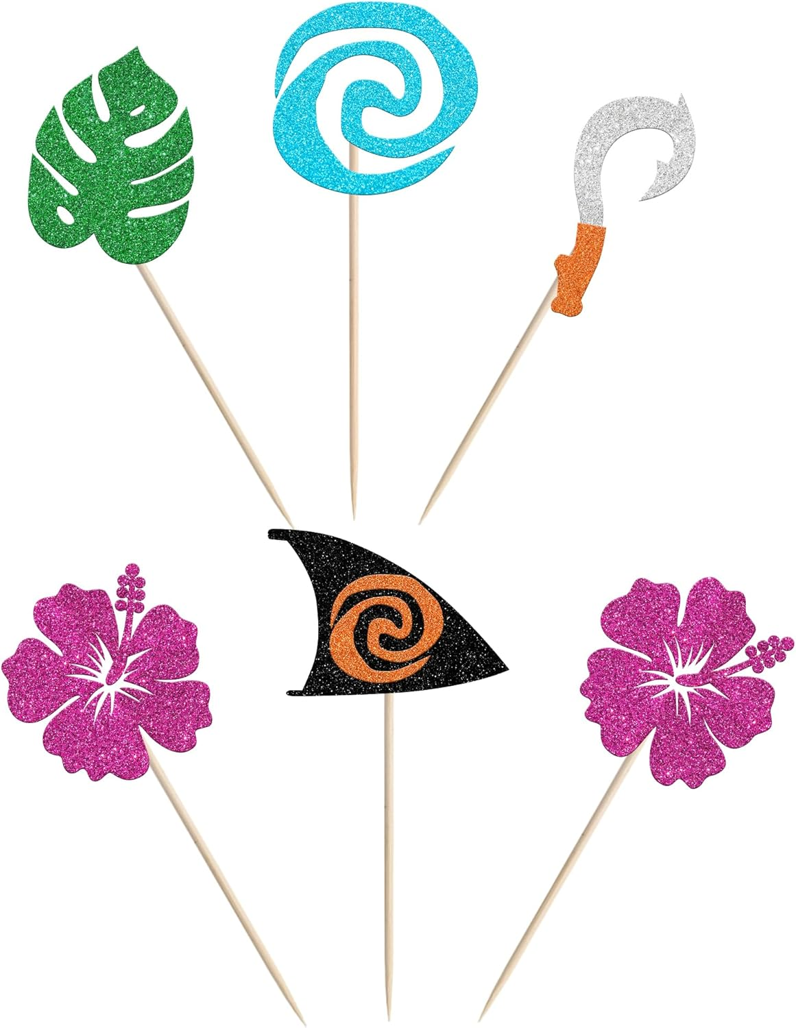 30 Pack Moana Cupcake Toppers Glitter Palm Monstera Leaf Flower Cupcake Picks for Tropical Hawaiian Luautheme Baby Shower Kids Birthday Party Cake Decorations Supplies (#1)