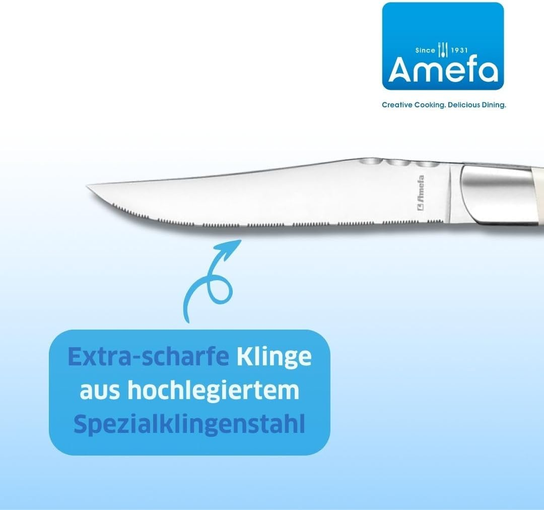Amefa Lou Laguiole Louis Steak Knife Set, 6 Pieces, White Handles, Micro Serrated Edge with Long-Lasting Sharpness, Super Sharp & Cut, Steak Cutlery, Professional Steak Set image number 5
