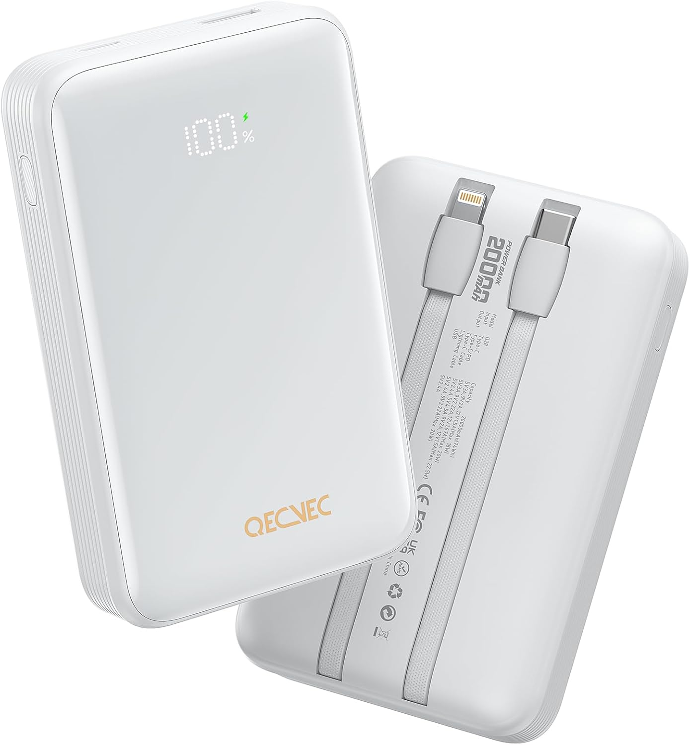 Qecvec Power Bank,Portable Charger 20000Mah with 2 Built-In Cables, 22.5W Fast Charging Battery Pack, LED Display Backup Battery, Travel Battery Pack for Ipad, Iphone Samsung and More (Purple)