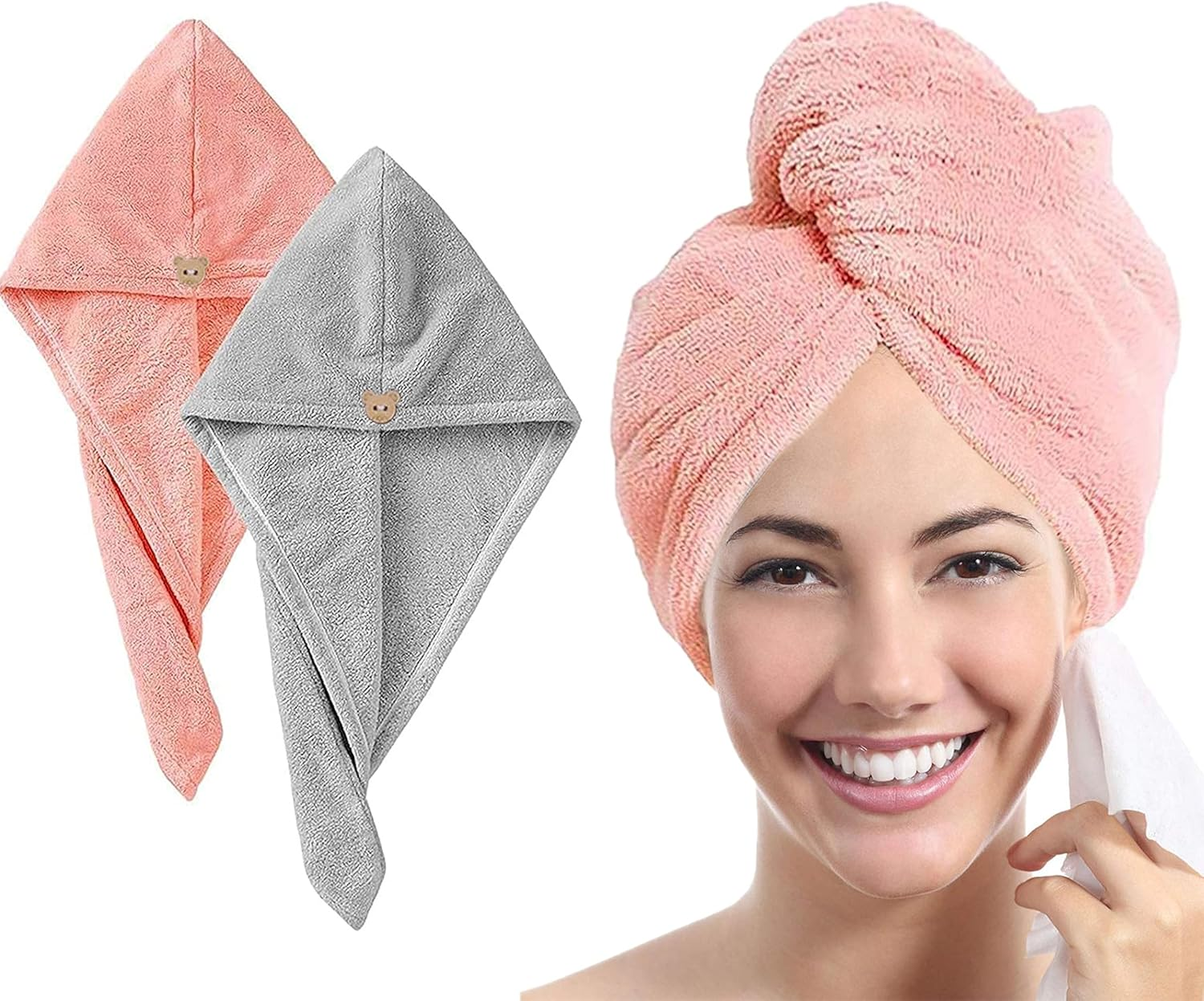 MAXOSHINE Hair Towel Wrap for Women-Quick Drying Microfiber Towel for Hair with Elastic Loop for Tying-Super Absorbent Head Towels Wrap for Ladies Hair Turban (Pack of 1-Assorted-Grey/Pink)