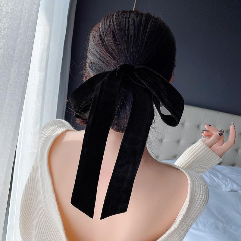Black Velver Hair Bow Ties for Women Girls Bowknot Hair Scrunchies with Ribbons for Women Elastic Hair Bows Ribbon Ponytail Holder Accessories Bowknots Hair Tie Bows Scrunchie image number 2