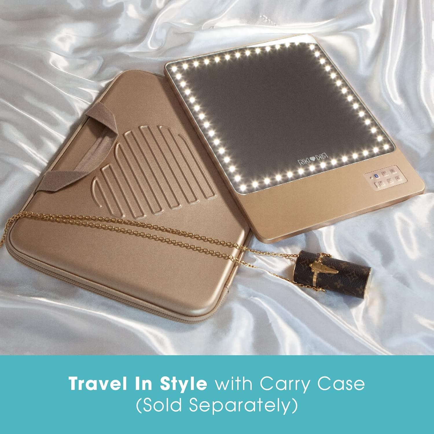 Riki Skinny Smart Vanity Mirror with HD Leds, Magnifying Mirror Attachment, Phone Holder and Bluetooth Control (5X Magnification, Champagne Gold) - Champagne Gold image number 6