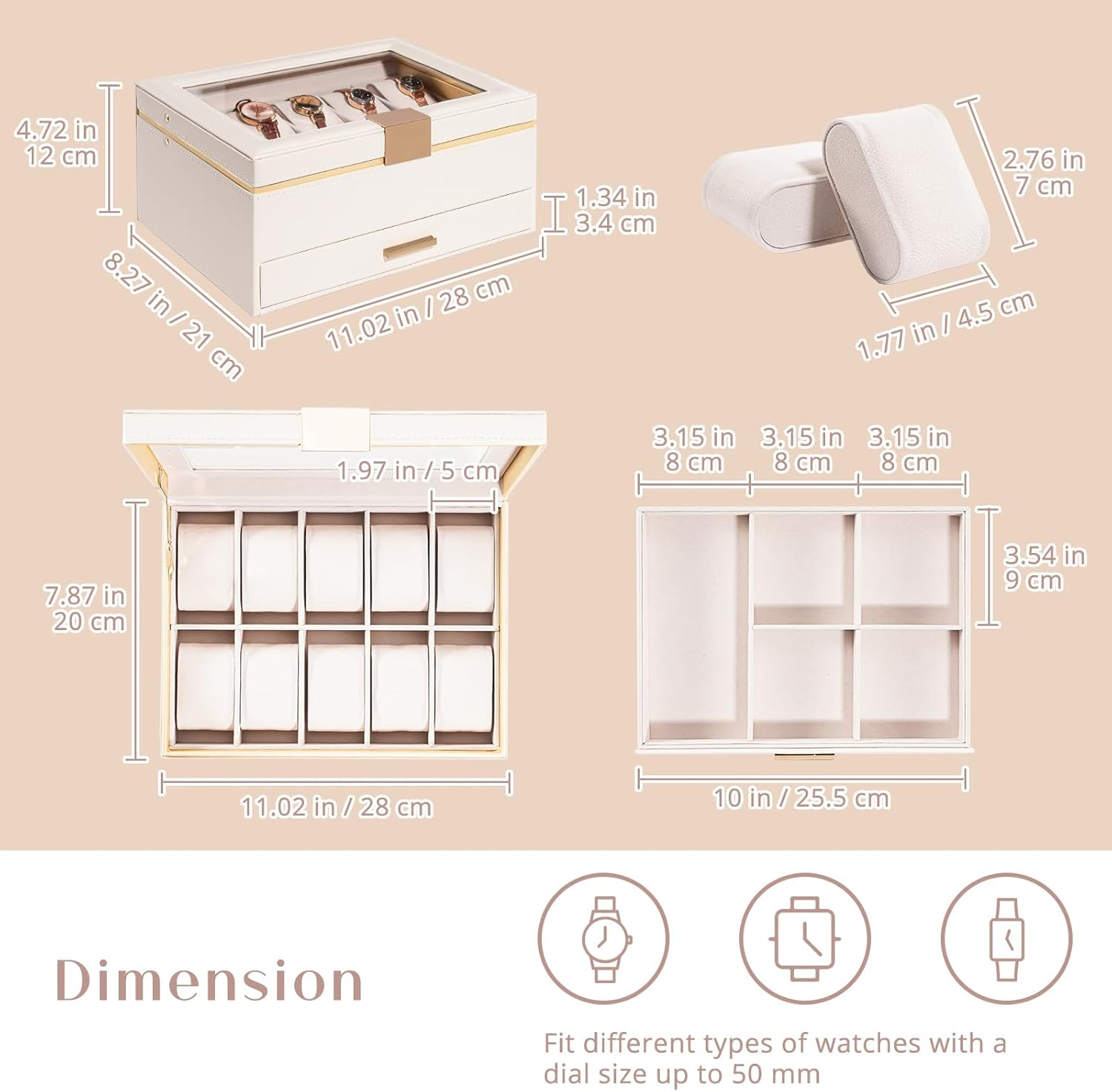 Procase Watch Case for Women, 10 Slot Watch Display Case with Drawer, 2-Layer Womens Watch Box, 10 Watch Box Organizer, Jewelry and Watch Holder Storage Case with Glass Lid -Beige image number 2
