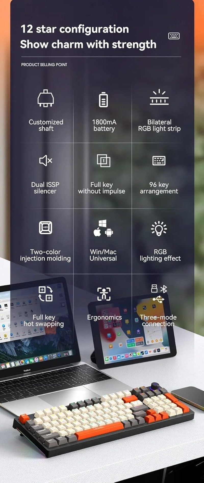 Leaven H96 Mechanical Keyboard : Wireless + Wired + Bluetooth, 96 Keys, RGB Backlit image number 1