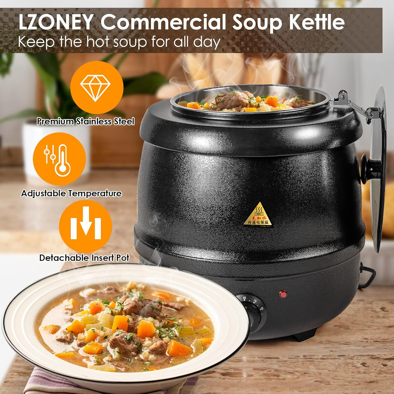 LZONEY 10.5Qt Soup Warmers Commercial Soup Kettle Cast Iron 220V with Stainless Steel Hinged Lid and Detachable Insert Pot 10L, Electric Soup Pot Temperature Control for Restaurants and Party, Home image number 5