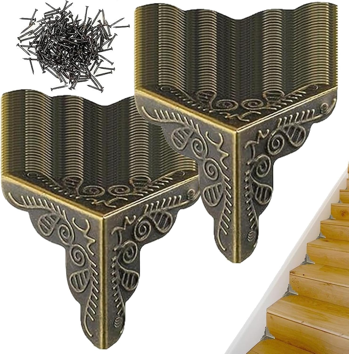 50Pcs Triangle Rattan Carved Wood Case Edge Guard, Vintage Stair Dustcorners Metaldecorativecorner Protector,Stair Dustcorners Antiquecorner Decorative Corner Stair Cornerdust Guards with Screw,Brown image number 4