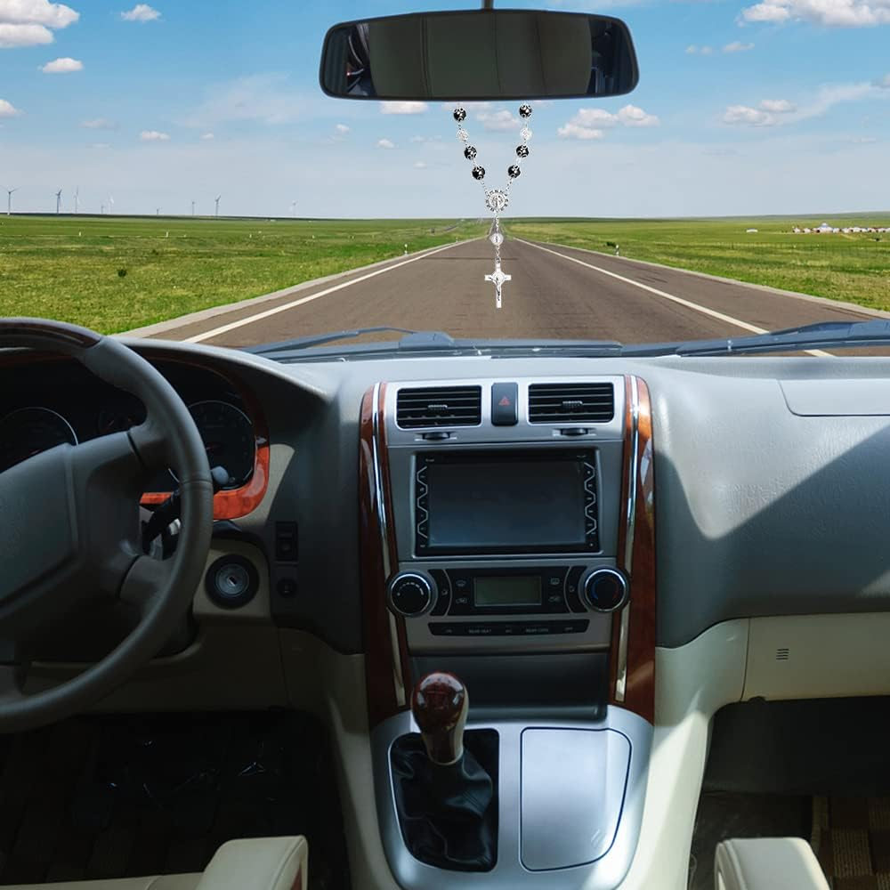 4 Pcs Car Rosary for Rearview Mirror, Rosary Beads Catholic Cross Blessing Hanging Accessories Car Medal Rearview Mirror Pendant(4 Colors) image number 4