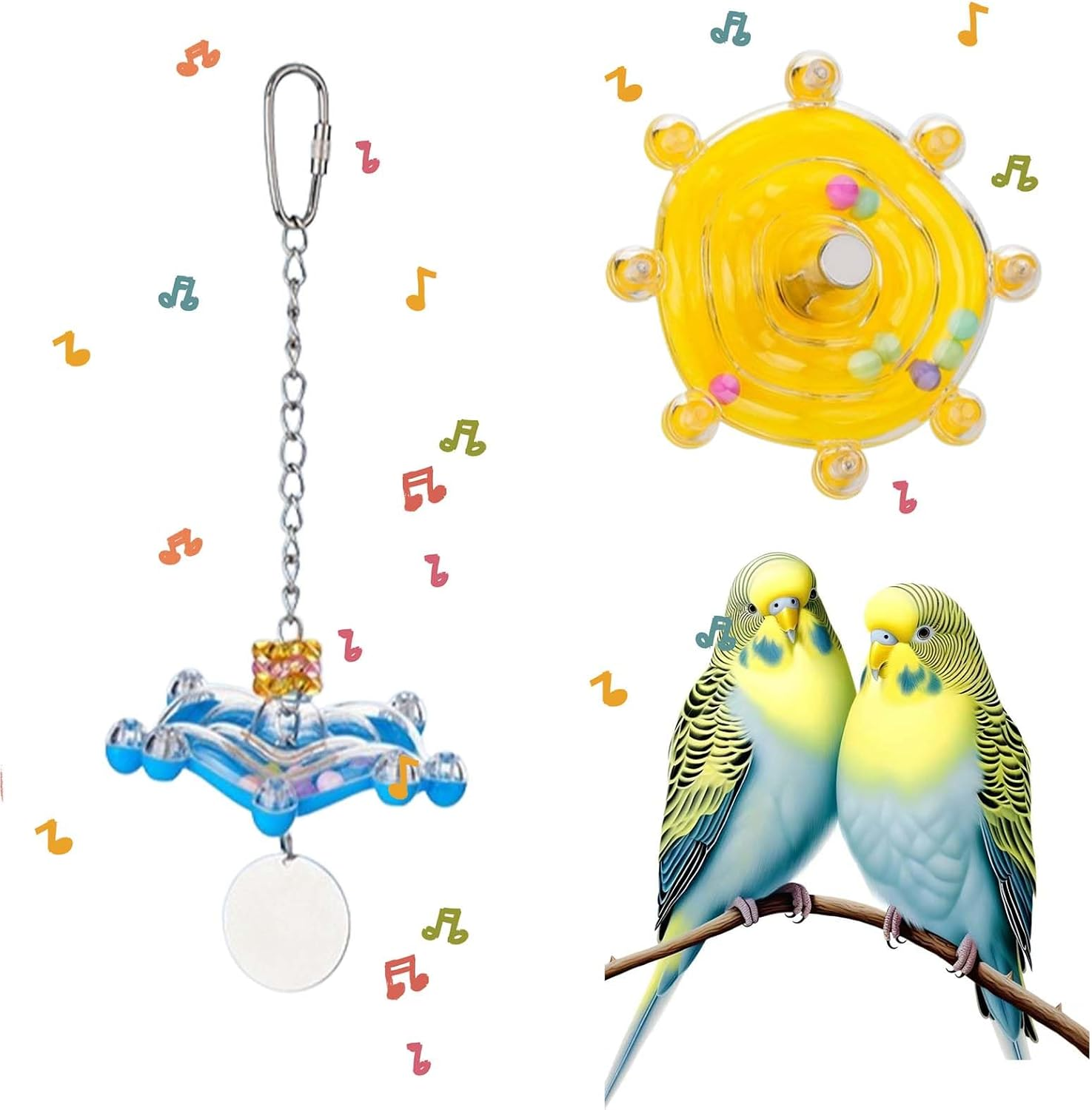 SUSOO 2 Pcs Funny Parrot Spinner Rattle Toy Wheel for Bird Cage Accessories,Interactiv Chewing Exercise Bird Toys for Cockatiels, Conures,Colorful Parakeet,African Grey,Budgies Enrichment Toys