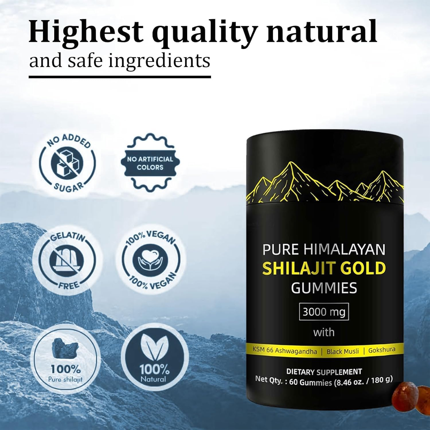Shilajit Gummies | Pure Himalayan Shilajit Gummies Gold | Lab Tested I No Added Sugar | Ashwagandha,Gokshura | Fulvic Acid & 85+ Trace Minerals for Men,Women Non-Gmo 60 Gummy Shilajit image number 3
