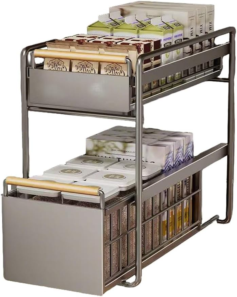 Leona Co Pull Out 2 Tier Metal Cabinet Organizer with Solid Wood Handle - No Assembly Required, Durable Mesh Design - Multi-Purpose Storage for Kitchen, Bathroom, Office (Large) image number 5