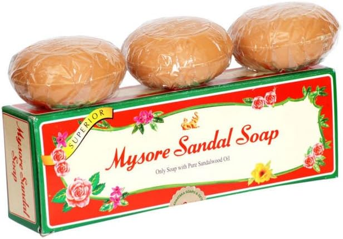Mysore Sandal Bathing Soap with Pure Sandalwood Oil 150 Gram -3-Pack Packaged in a Beautiful Gift Box (150 G X 3)