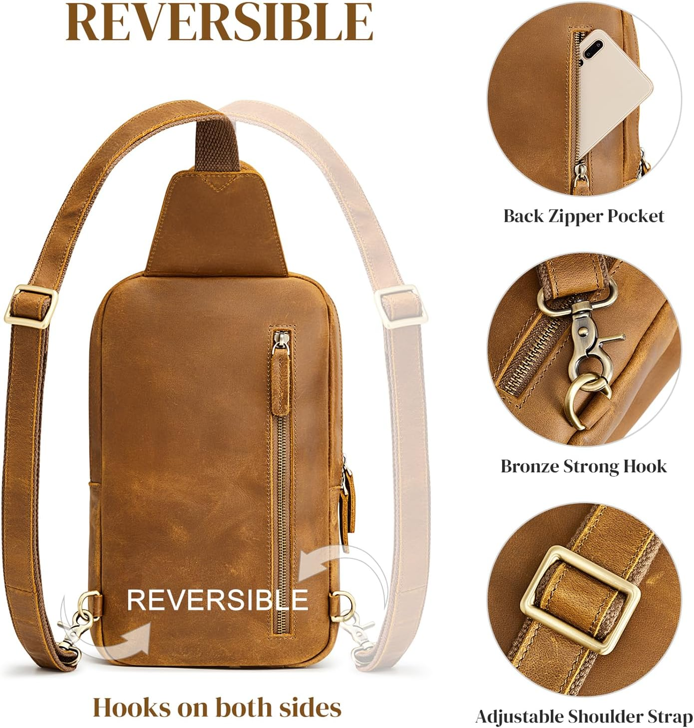 S-ZONE Sling Bag for Women Men Genuine Leather Vintage Crossbody Chest Bags Backpack Daypack Outdoor Travel image number 6