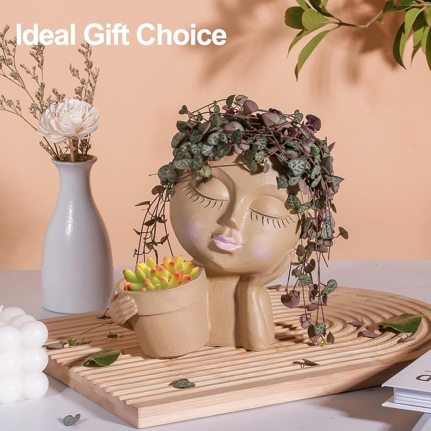 Face Planters Pots Head Planter for Indoor Outdoor Plants - Cute Plant Pots for Flower Succulent with Drainage Hole - Ideal Present Ideas(Khaki Lady) image number 6