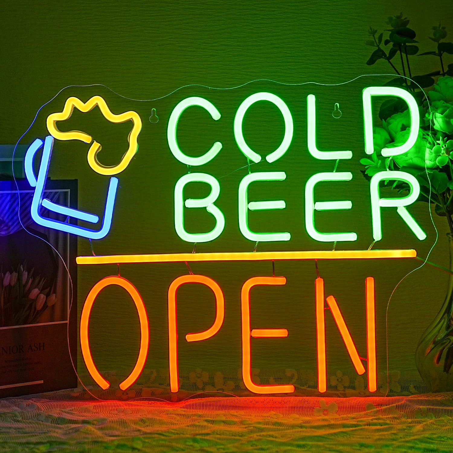 LMSIGNLY Beer Is Here Neon Sign for Wall Decor Beer Bar Neon Light Beer Glass Neon Light Sign Green Letter LED Sign for Home Nightclub Man Cave Restaurant Party