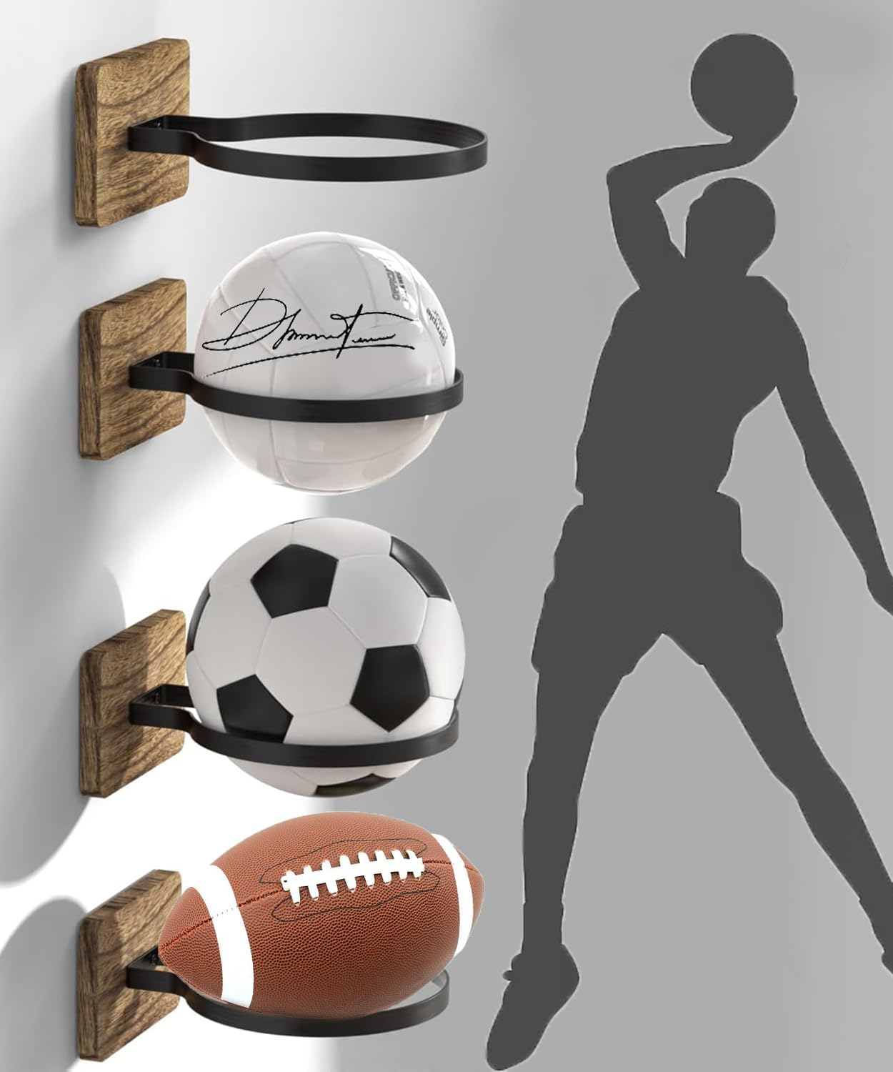 4 Pack Wall Mount Basketball Holder with Wood Base &ndash; Ball Display Rack for Basketball, Football, Soccer, Volleyball &ndash; Sports Ball Storage Organizer for Athletes & Fans image number 1