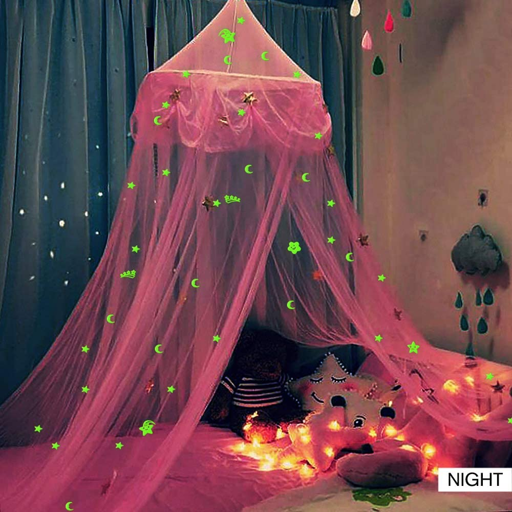Bed Canopy for Girls with Glow in the Dark Stars Moons, Princess Canopy Dome Mosquito Net Birthday Gifts for Kids Bedroom Decor Pink image number 1