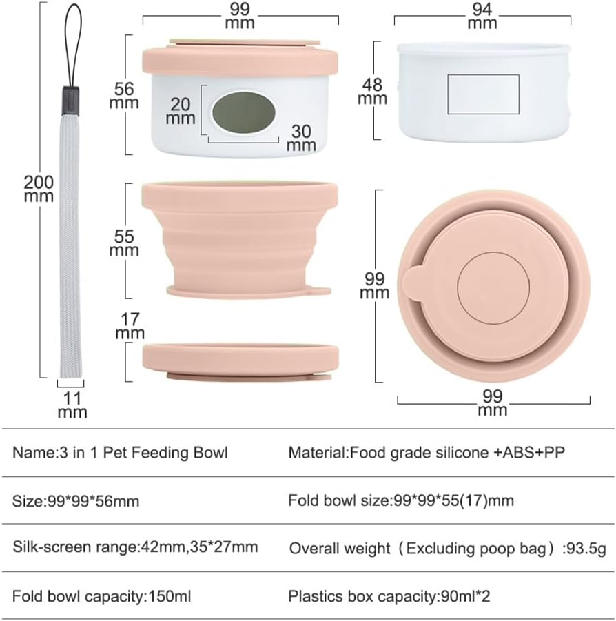Dog Travel Bowls Collapsible 3 in 1 Design Dog Feeding Bowl Outdoor Traveling Cup Feeder Treat Container with Bowl&Dog Poop Bag Holder, Foldable Feeding Watering Dish for Walking Travel, Pink image number 3