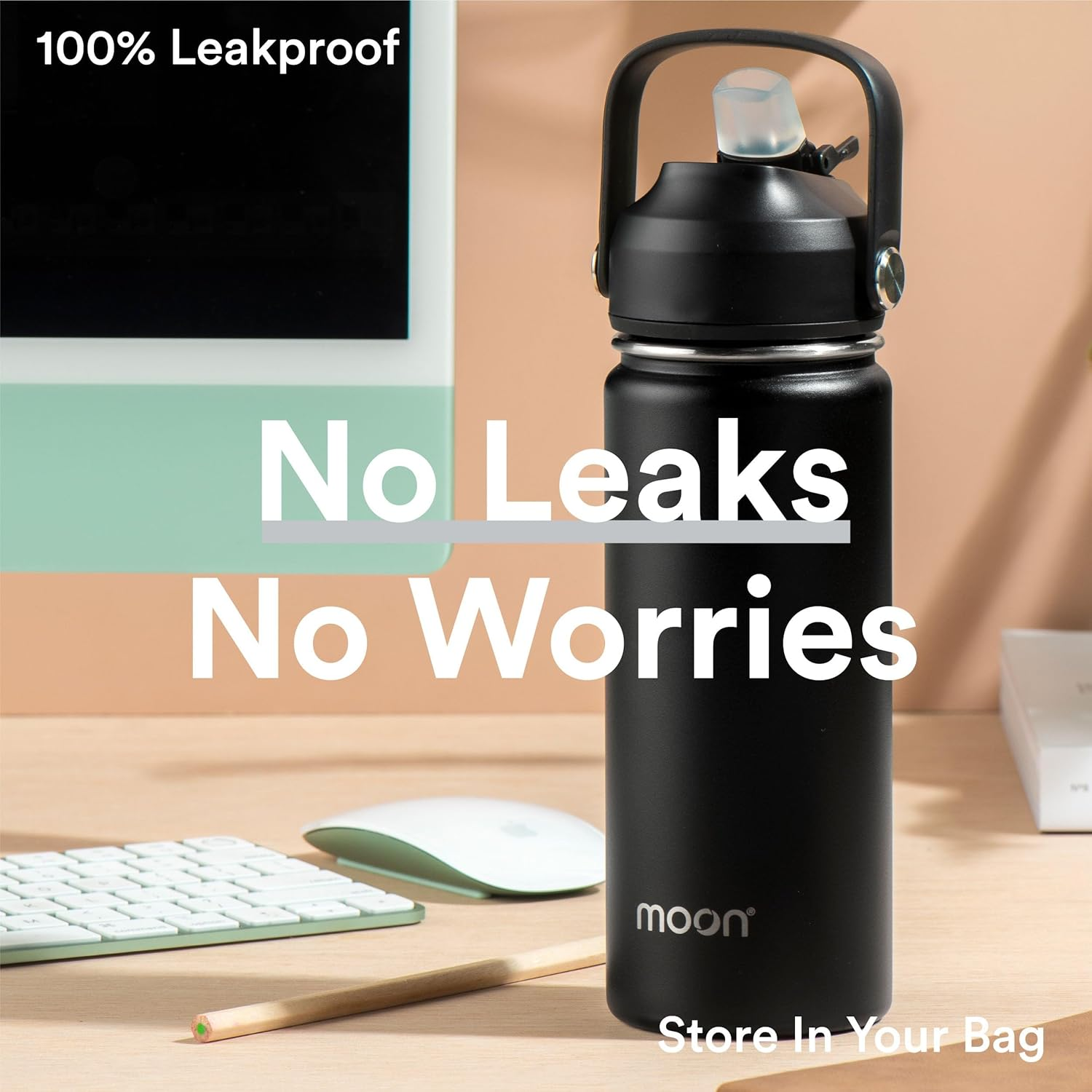 Moon Bottles - Insulated Water Bottle with Straw - Stainless Steel Sports Drink Bottle, Thermal Flask, 24Hr Cold, 12Hr Hot, Double Walled, Metal Straw, Silicon Spout, Australian Company (500Ml, Black) image number 5