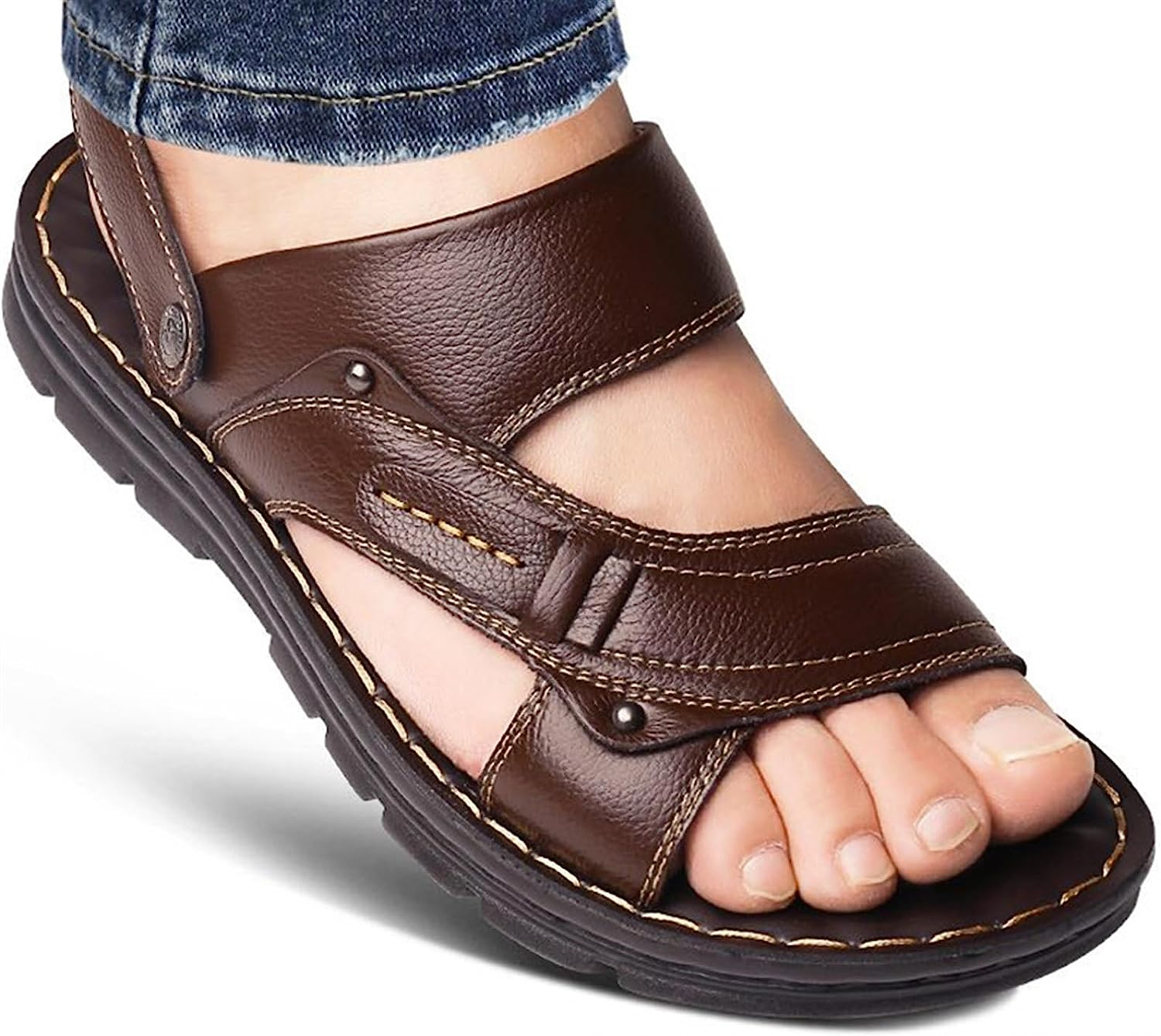 Summer Men Shoes Leather Beach Shoes Thick-Soled Anti-Skid Dual-Use Summer Casual Men Sandals Three-Color (Color : Brown, Size : 8) image number 2