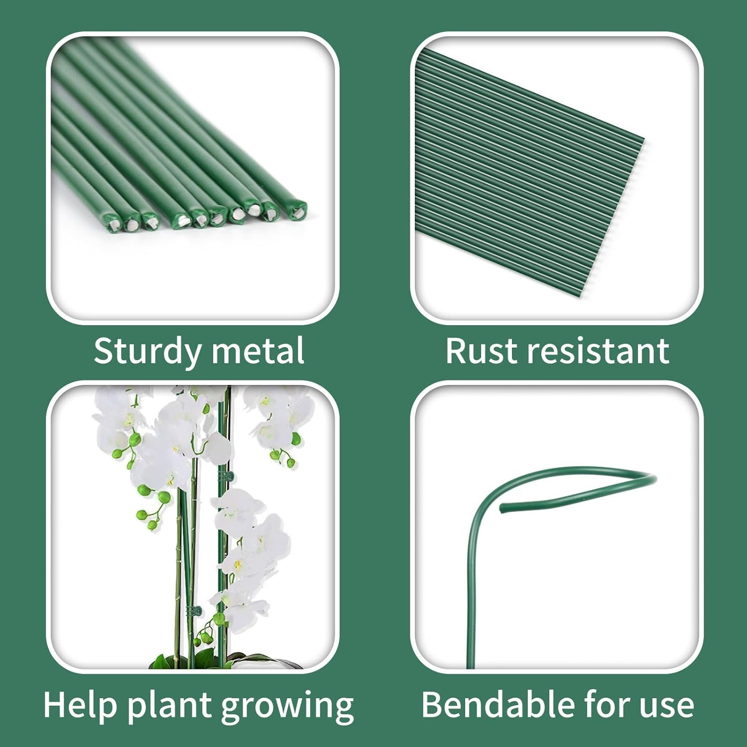 10Pcs Plant Support Stakes with 15 Pcs Clips, 16-Inch Tall Bendable Single Stem Flower Sticks for Indoor and Outdoor Plants, Orchid Clips (Green) image number 3