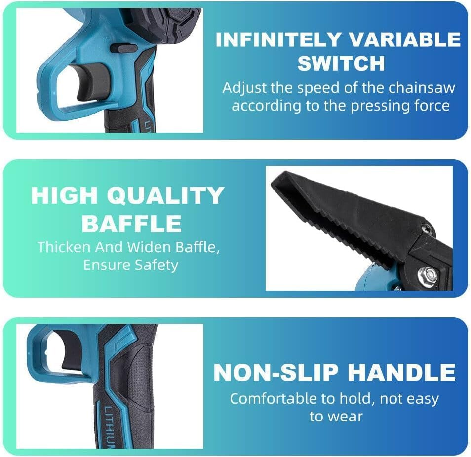 Mini Chainsaw Cordless, 6 Inch Handheld Electric Power Chainsaw with 2Pcs Batteries, One-Hand Operated Portable Chain Saw for Tree Branches Trimming (High -Power) image number 4