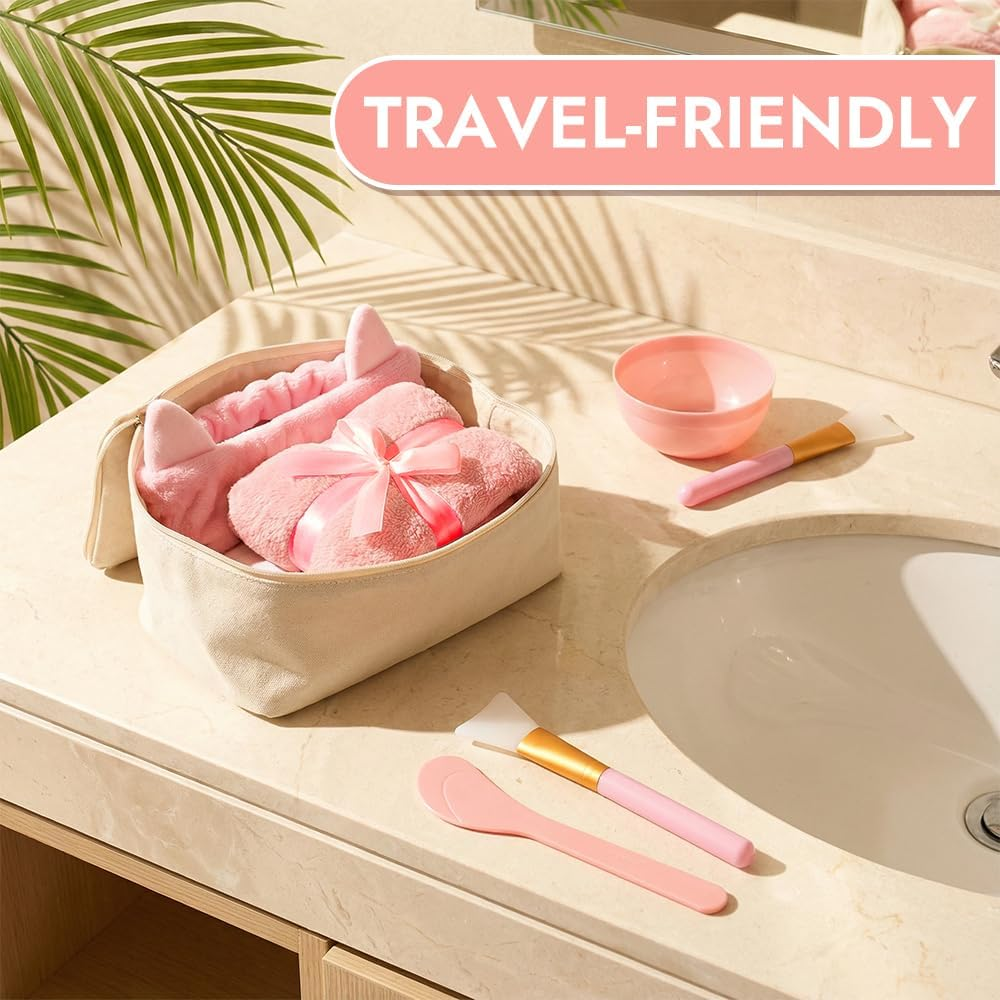 5 Pcs Facial Mask Mixing Bowl Set with Headband Bowl Face Towel Silicone Brush & Spatula, Facial Mixing Kit for Clay Mud Mask Application, DIY Skincare Home Spa Beauty Tools for Adults Women (Pink) image number 2