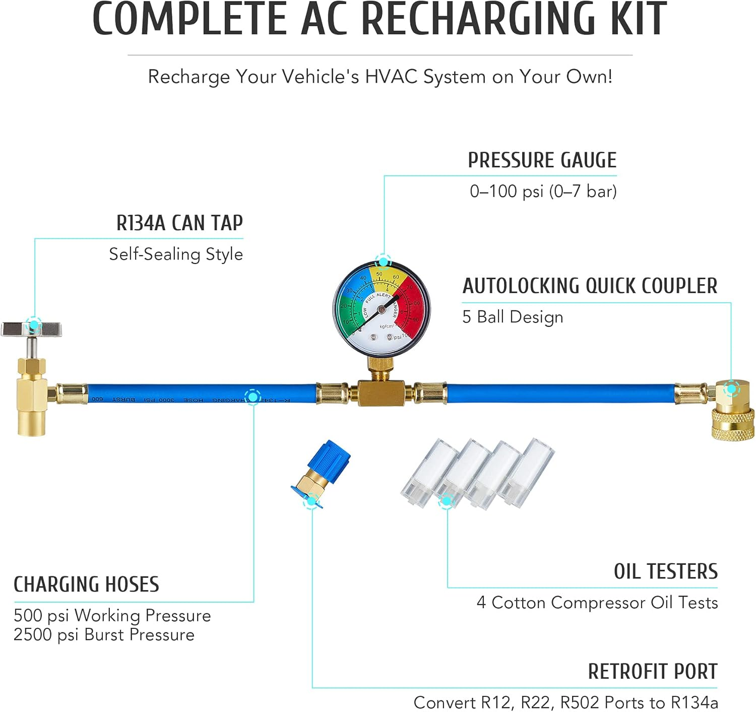 Orion Motor Tech AC Recharge Kit for R134A Systems, R134A AC Charge Kit with Hoses, Self Sealing Can Tap, and Quick Coupler, Auto AC Recharge with 4 Oil Testers and Retrofit Port image number 4