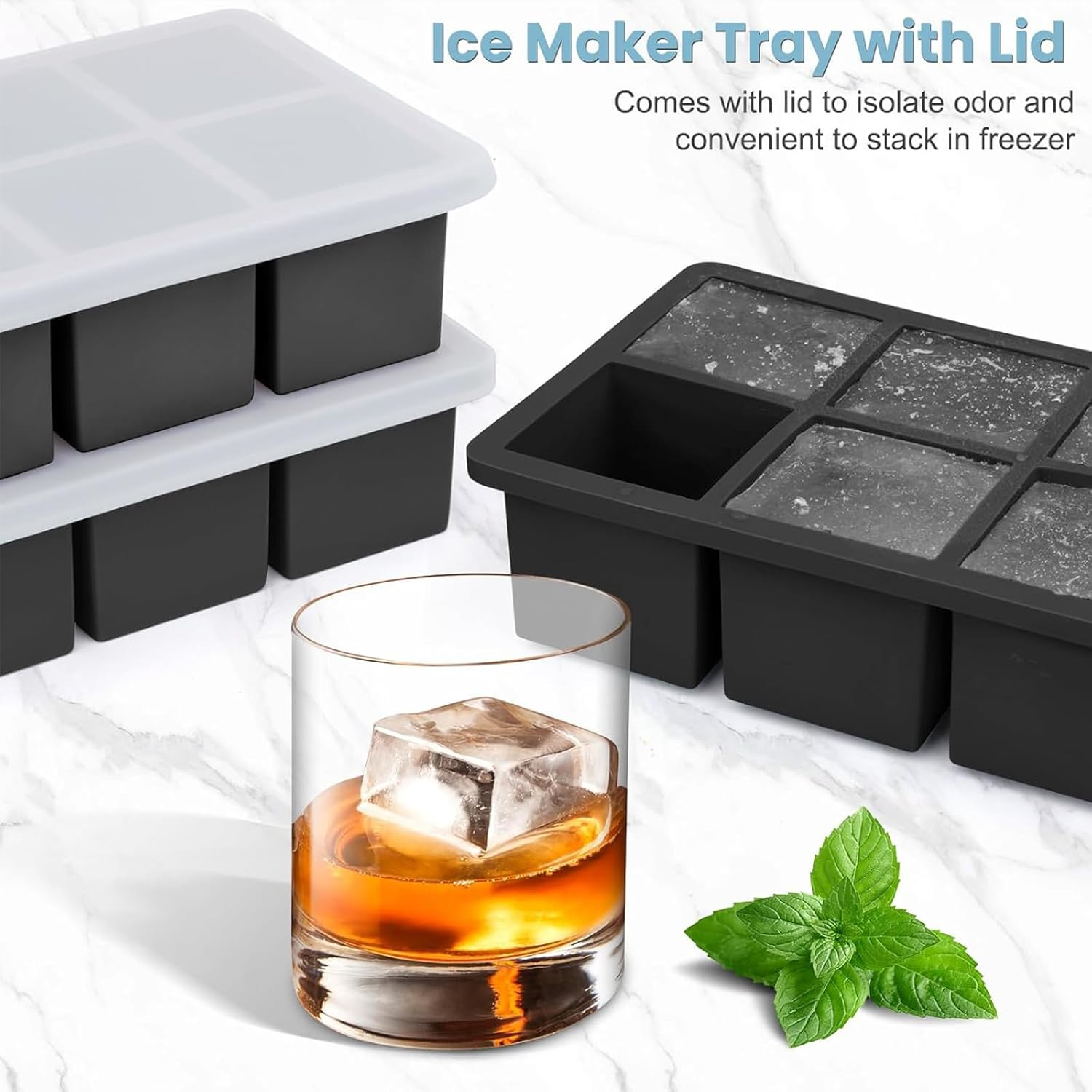 3Pack Large Silicone Ice Cube Tray for Whiskey, 2 Inch Ice Cube Tray Silicone, Easy-Release Ice Tray with Lid for Freezer, Perfect for Chilled Drinks, Freezer, Baby Food, Cocktail