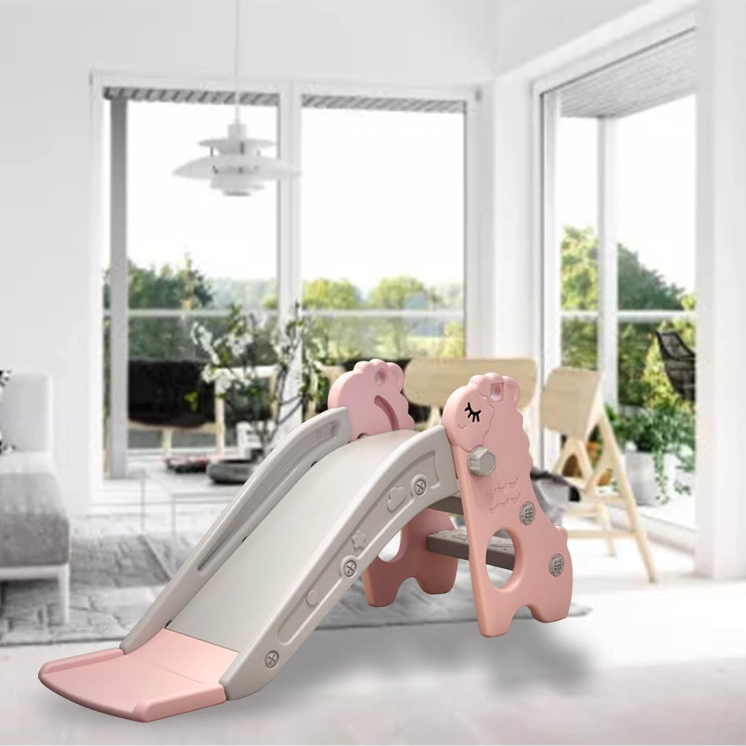 Kids Climber Play Slide, 2 Stairs Indoor Slide Toy Free Standing Foldable Safe for Baby for Living Room (Pink Gray) image number 4