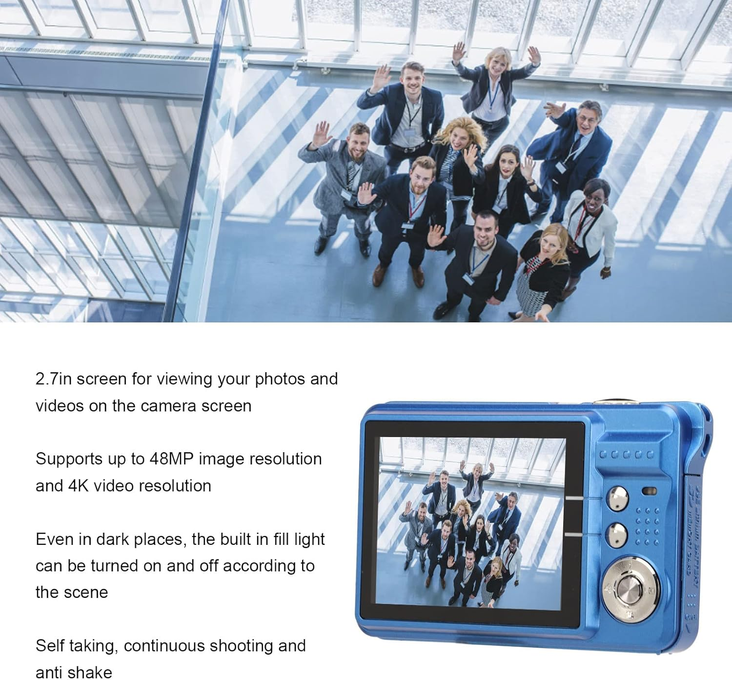 4K Digital Camera, 2.7In LCD Monitor 48MP 8 Zoom Digital Camera for Photography Continuous anti Shake Camera HD Camcorder. (Blue) image number 1