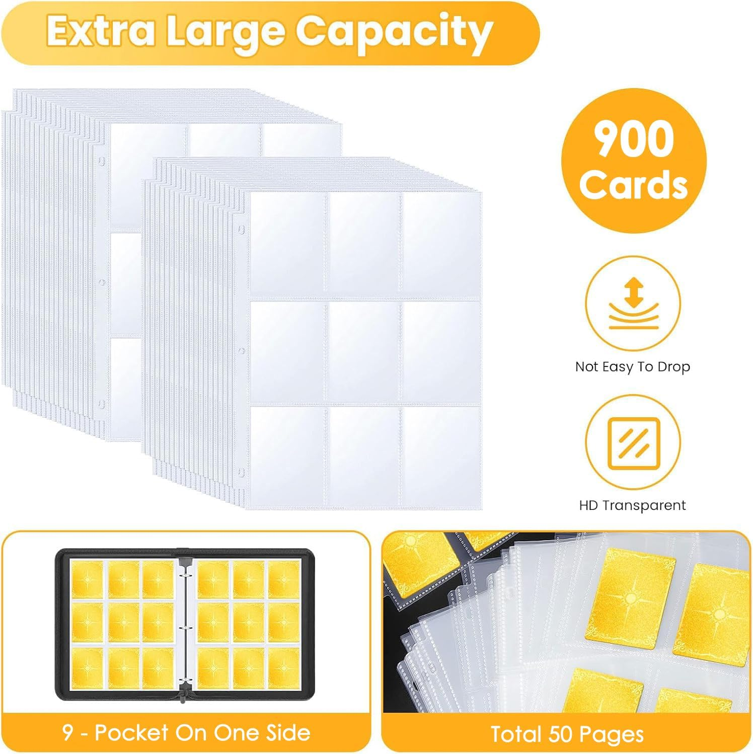 Trading Card Binder, 900 Pockets Card Binder, 9-Poccket Sided Pocket Sports Collectible Trading Card Albums with 50 Removable Sleeves for Basketball Baseball Football Playing TCG Card image number 5