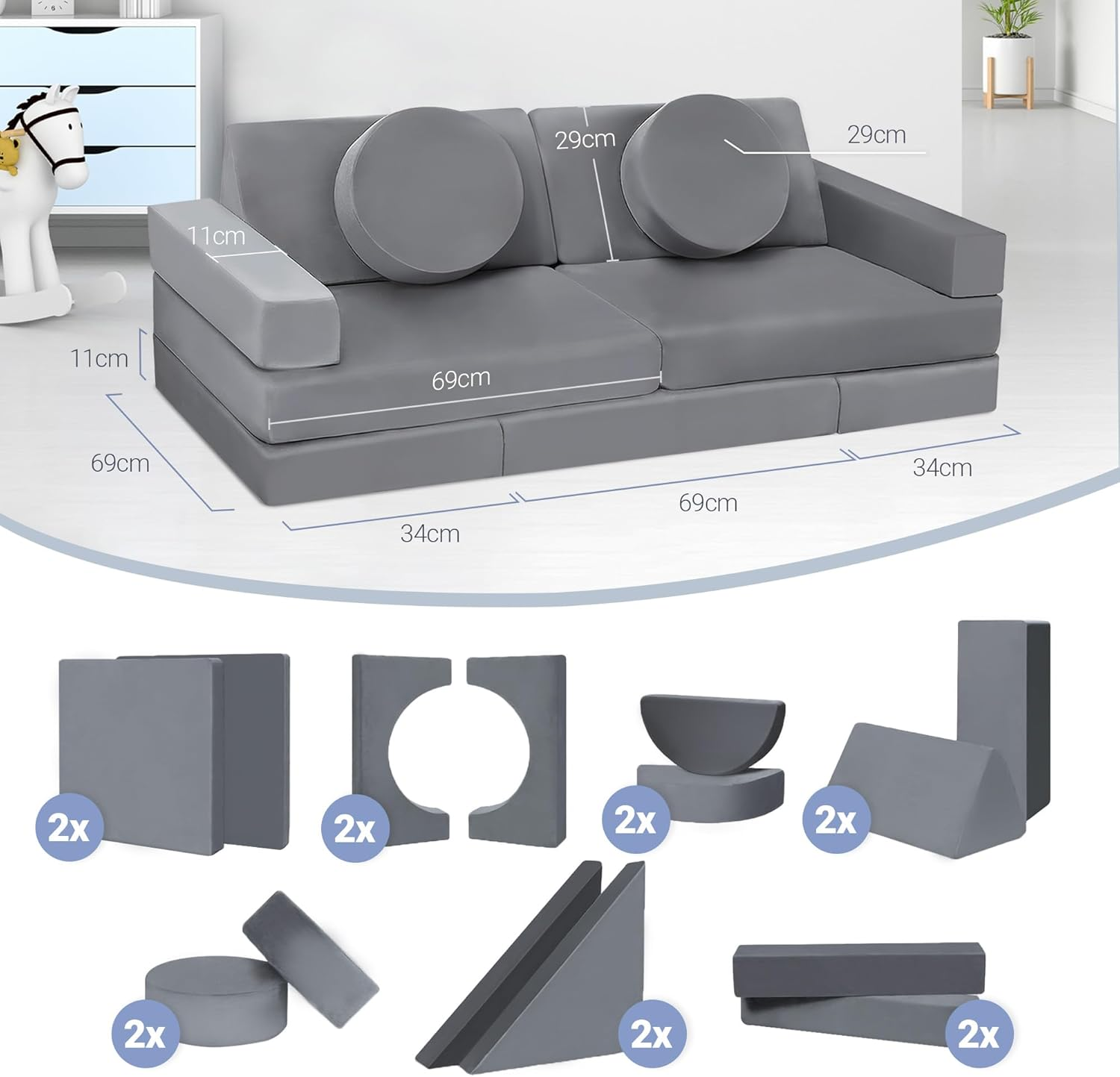 Tubby Modular Kids Play Couch 14 Pcs Toddler Baby Kids Sofa Couch DIY Furniture image number 2