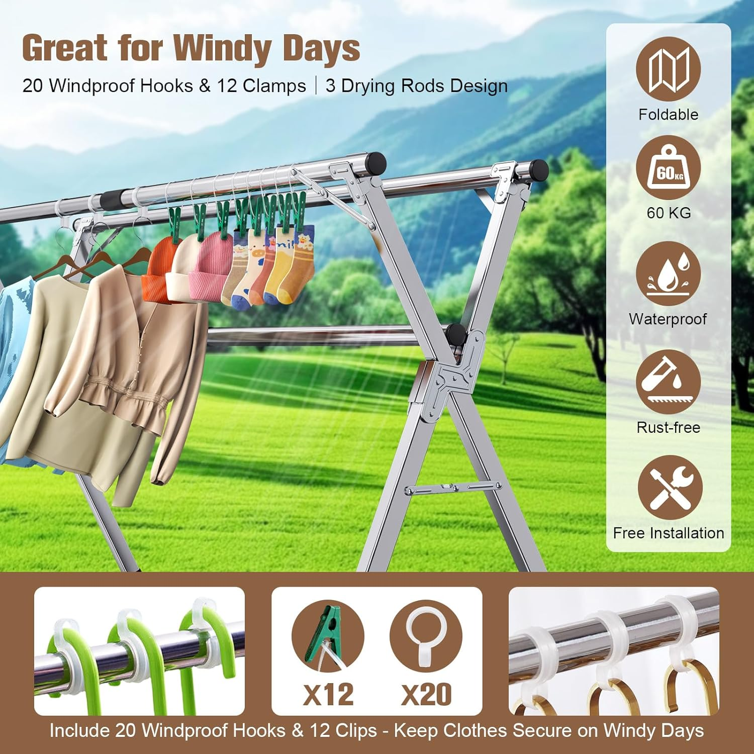 Hormes Clothes Drying Rack, 2.4M Adjustable Clothes Airer Laundry Drying Rack, Foldable Heavy Duty Stainless Steel Clothes Dryer Stand Horse with 20 Windproof Hooks & 12 Clips for Outdoor Indoor Use image number 5