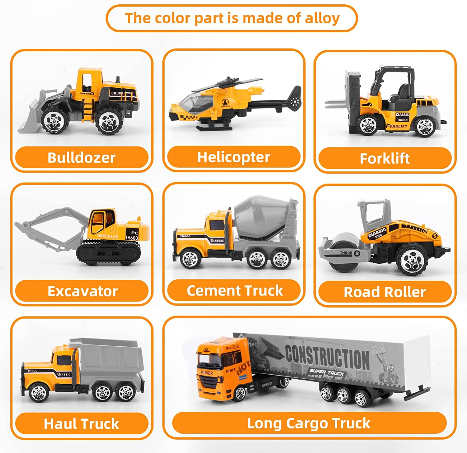 Jenilily Construction Vehicle Toy Car Set Play Mat, Long Truck, Forklift, Bulldozer, Excavator, Mixer, Dump Truck, Alloy Car Toys for 3 4 5 6 Years Old Toddlers Kids Boys image number 4