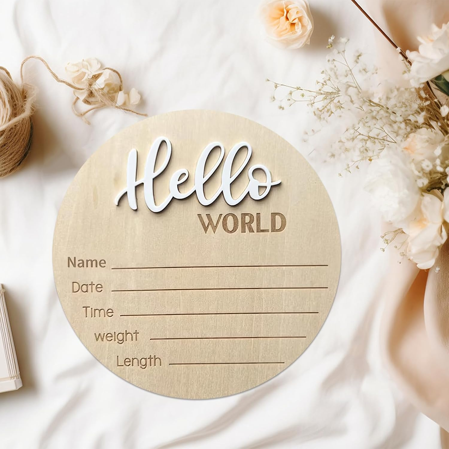 Baby Announcement Sign, ​5.9 Inch Wooden Hello World Newborn Signs, Birth Announcement Sign, Baby Shower Hospital Nursery for Newborn Boys and Girls (White) image number 6