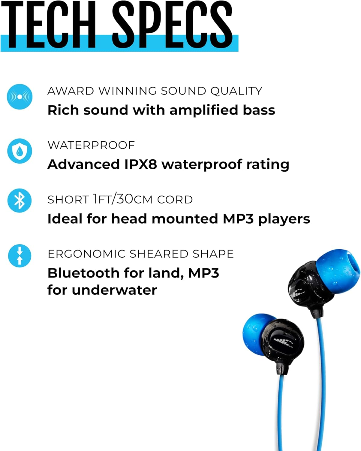 H2O Audio Surge S+ Waterproof Sport Headphones, (Short Cord Design) &ndash; In-Ear Sweatproof Earbuds for Swimming, Running, Cycling &ndash; IPX8 Waterproof, Compatible with Ipods & MP3 Players image number 5