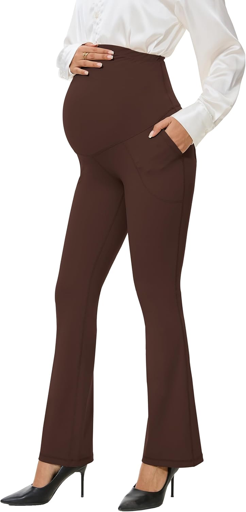 VIMPEP Smooth Feeling Flare Maternity Leggings over the Belly Pregnancy Bootcut Yoga Pants Petite/Regular with Pockets 303