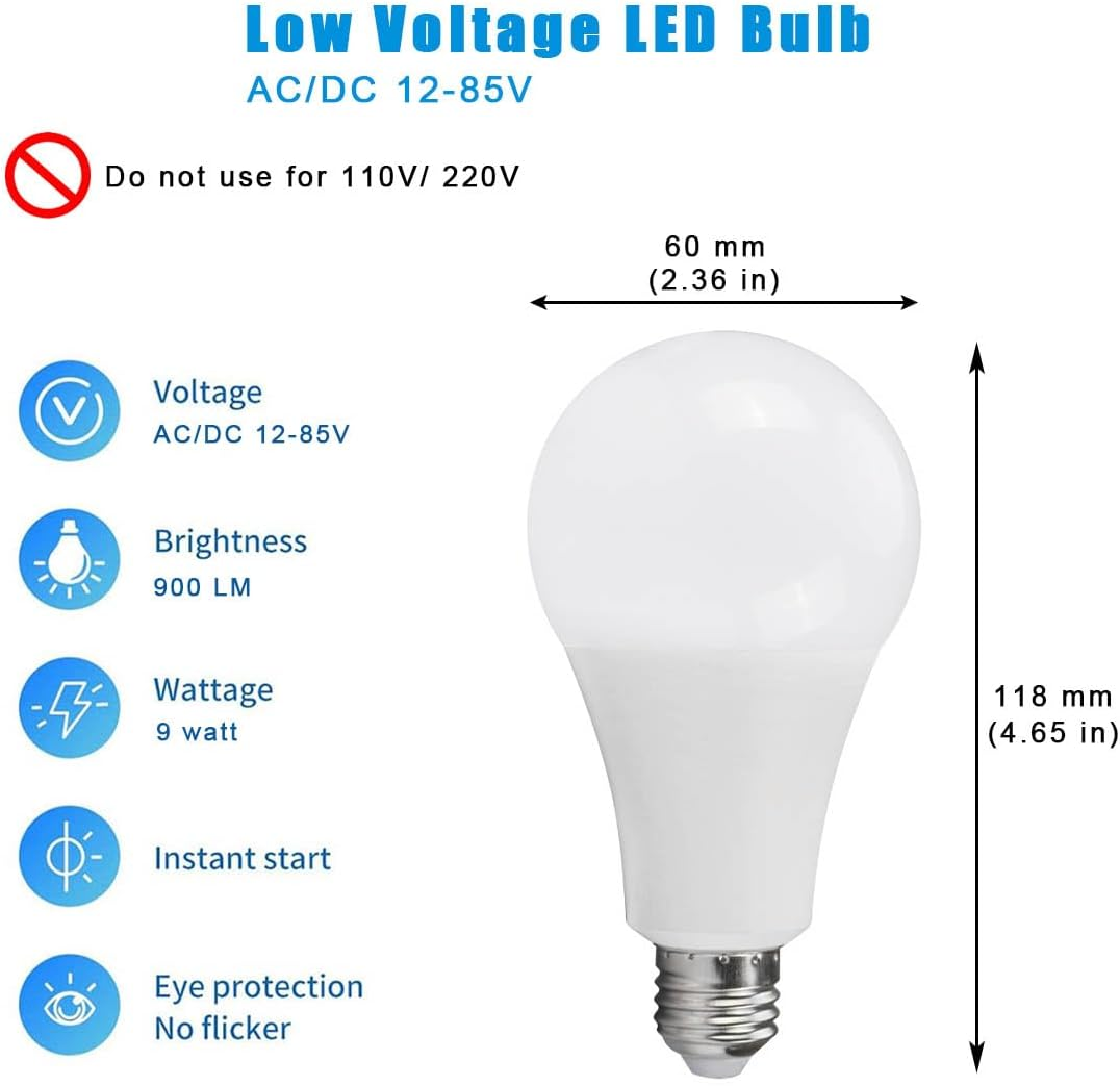12V Low Voltage LED Light Bulb 9W 900Lm AC/DC12-85 Volt E27 Base 40-60 Watt Equivalent, Landscape Bulbs, 12V 24V Battery Power System off Grid Solar Camping Lighting, 2 Pack (Warm White) image number 5