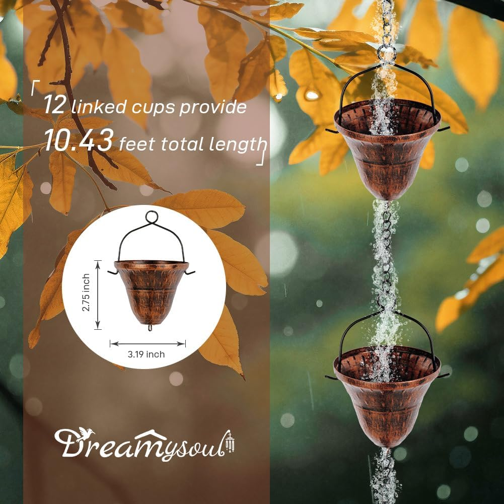 Dreamysoul Copper Rain Chains for Outside, 10.43FT with 12 Cups Rain Catcher Chains for Downspout Gutters, Eaves Drainage image number 4