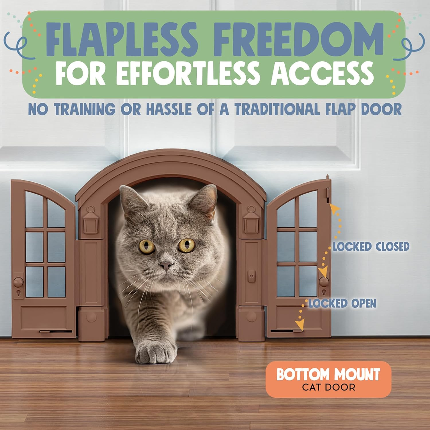 Purrfect Portal French Cat Door - Stylish No-Flap Cat Door Interior Door for Average-Sized Cats up to 20 Lbs, Easy DIY Setup, Secured Installation in Minutes, No Training Needed, 7.13 X 8.32&rdquo; - Brown image number 4