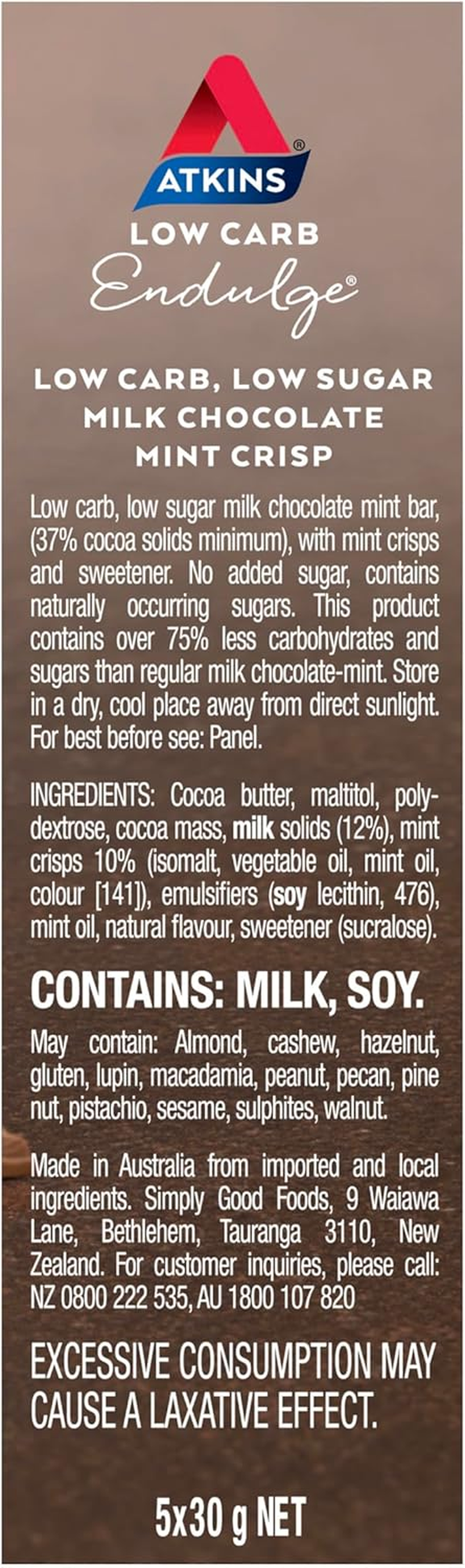 Atkins Endulge Low Carb Milk Chocolate Mint Crisp Bar 30 G (Pack of 5) image number 4