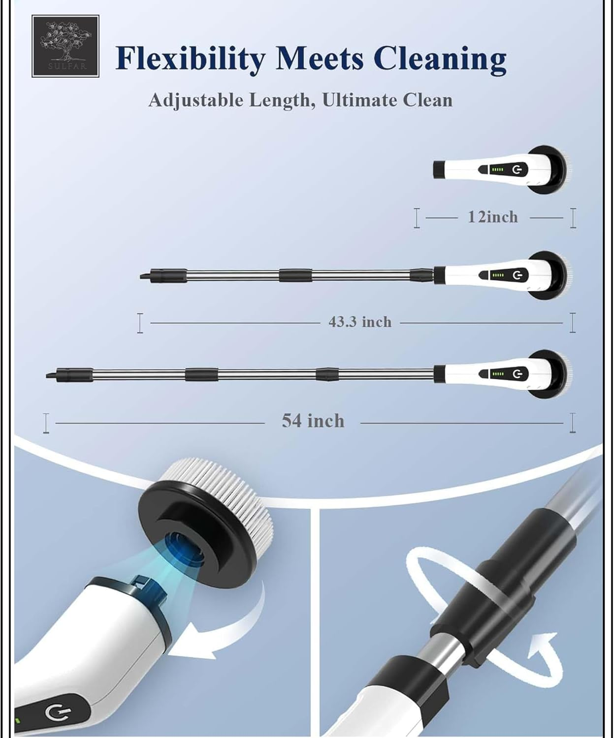Sulfar Electric Spin Scrubber, Cordless Cleaning Brush with 7 Replaceable Drill Brush Heads and 54 Inch Adjustable Extension Arm, Power Shower Scrubber for Bathroom, Kitchen, Floor, Tile, Tub