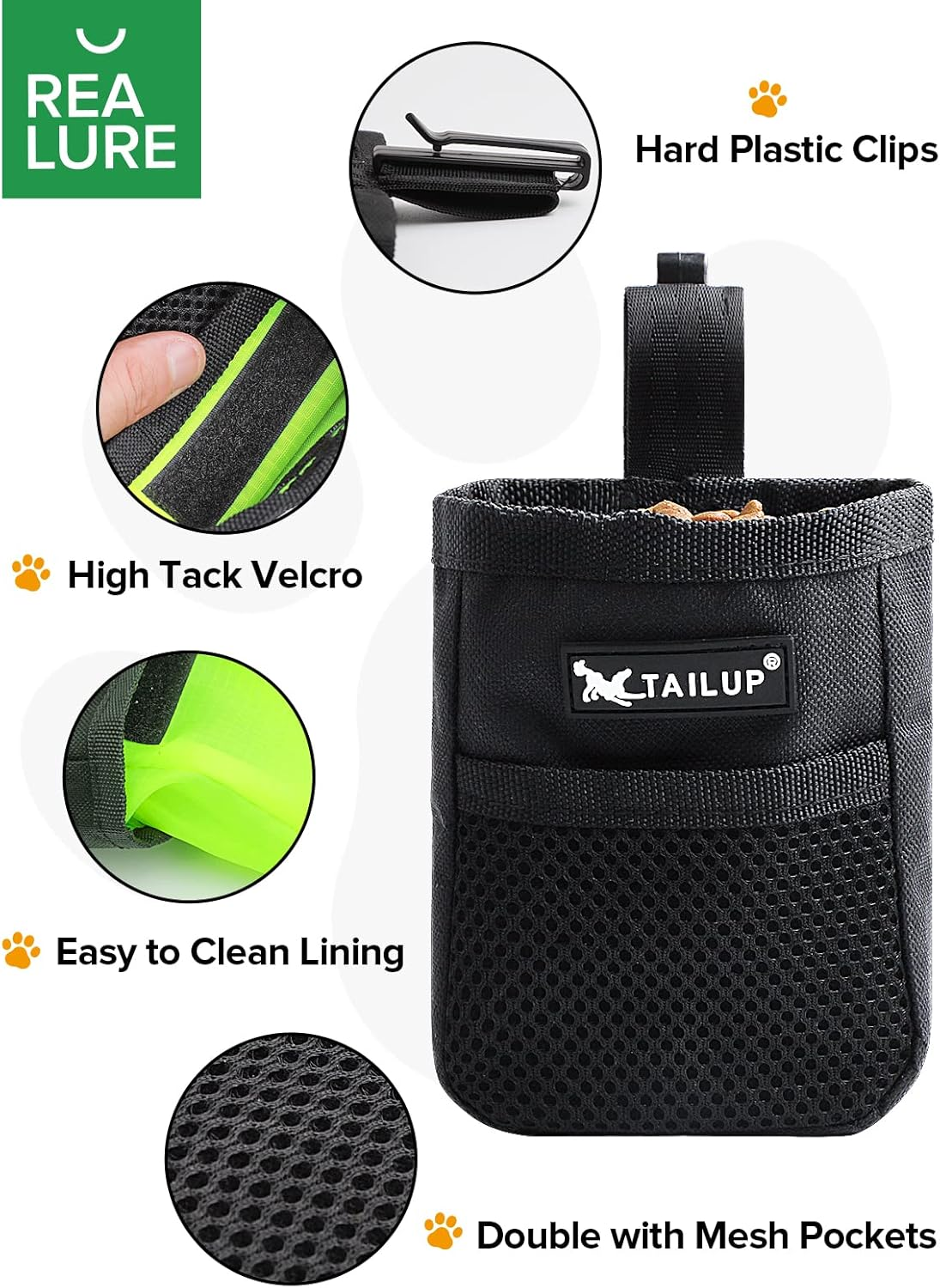 Realure Small Dog Treat Bag, Hands-Free Puppy Treat Bag with Waist Belt Clip, Easy Open Dog Treat Pouch Bag, Outdoor Use Dog Treat Bags for Pet Puppy Walking Training Travel Waterproof, Double, Black image number 1