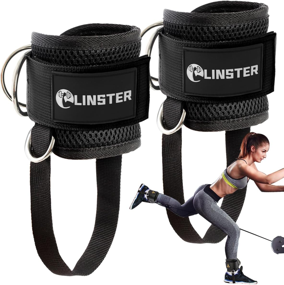 LINSTER Foot Straps Cable Pull for Pulley Fitness with Fixed Rope, Kickbacks Foot Strap with 4 D-Rings and Neoprene, (Pack of 2) Ankle Straps for Women and Men Glutes and Leg Training image number 5