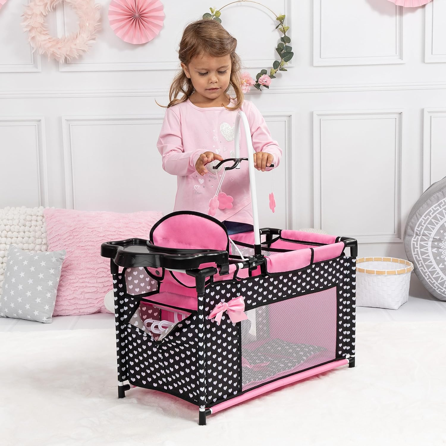 Bayer Design 62660AA Doll'S Bed with Cupboard, Seat, Mobile, Shelf, Duvet, Cushion, Black, Pink image number 3